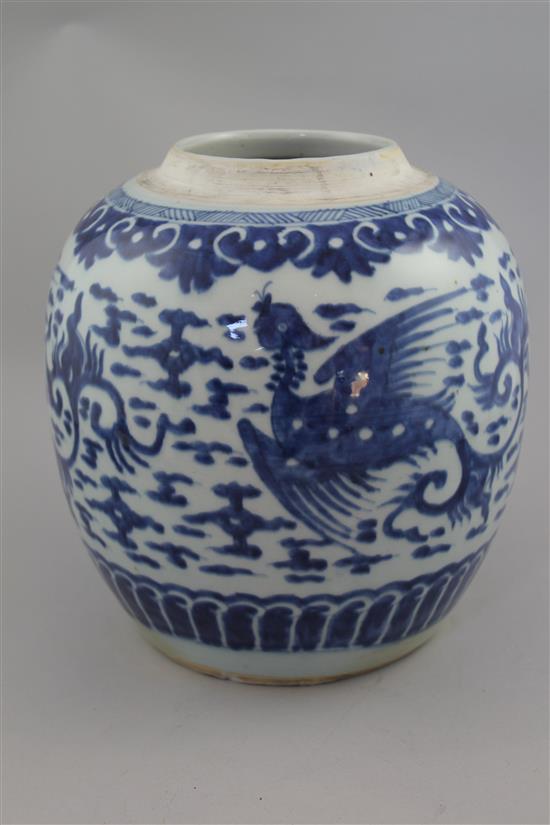 A Chinese blue and white jar, in Transitional style, 22cm, base cracked